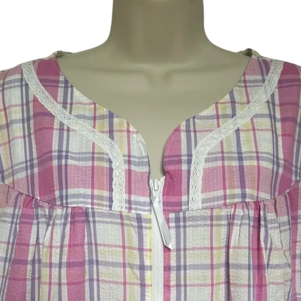 NWT Croft & Barrow Pink Purple Plaid Seersucker Zip-Up Housecoat Robe Sz XL NEW
